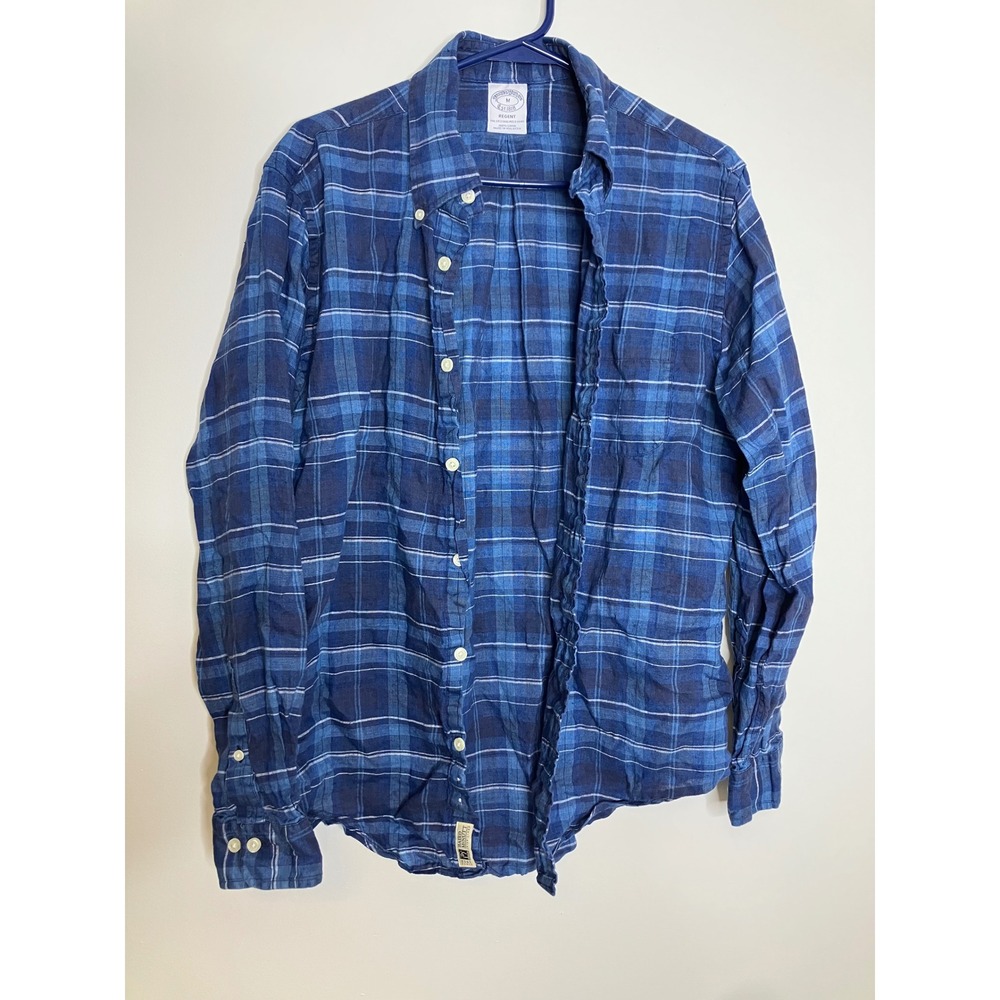 Brooks Brothers Button Down Mens M Blue Excellent Baird McNutt Irish Linen Plaid
